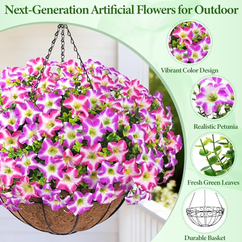 Realistic Artificial Hanging Flowers for Outdoors with Basket, 1 Set Large Size UV Resistant Artificial Outdoor Flowers, Full Faux Outdoor Flowers Fake Hanging Flowers for Porch, Front Door, Garden - color: Purple Red+rose Red, size: 1 Set