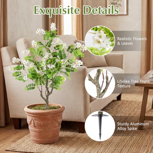 Goplus 2 Pack Artificial Locust Flower Trees, 39” Fake Evergreen Shrubs with Ground Spikes, Sophora Japonica Blossoms, Sun-Proof Indoor & Outdoor Faux Silk Plants for Home Garden Decoration, White - color: White Flowers