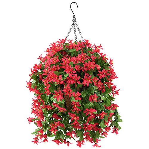 INQCMY Artificial Fake Hanging Plants Flowers Basket for Spring Summer Outdoor Outside Porch Decoration,UV Resistant Faux Silk Violet in Planter for Home Patio Balcony Garden Yard Decor(Red) - color: Red