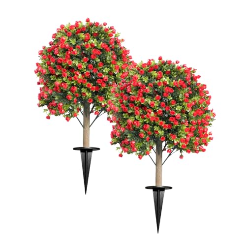 Artificial Red Rose Topiary Ball Tree with Ground Spike, 2 Set of UV Resistant Fake Boxwood Bushes, Fake Evergreen Faux Plant for Indoor Outdoor Porch Garden UV Resistant Fade Proof - color: Rose, size: with Ground Spike