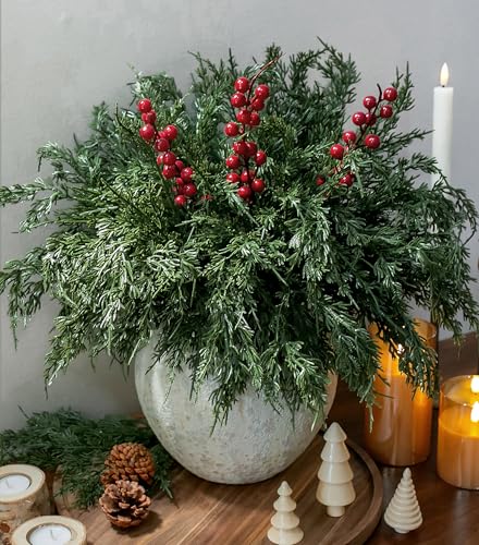 Cedar Stems Artificial Norfolk Pine Branches for Christmas Decor, 12 PCS Fake Pine Stems with 3 PCS Red Berries Branches Realistic Fake Plants Faux Greenery for Vases DIY Garland Xmas Table Indoor - color: 12 Pcs Cedar Stems, 3 Pcs Red Berry Stems