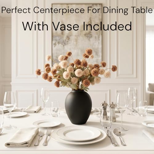 Artificial Flowers with Vase for Home Decor - Faux Mum Flower Arrangement Centerpiece, 12 Stems Beige and Brown Silk Flowers in Black Iron Vase for Dining Table Living Room Office Bedroom - size: Beige/Brown Bouquet in Vase
