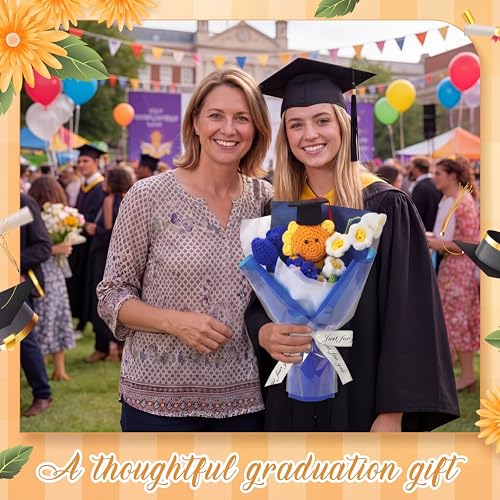 2026 Graduation Crochet Flowers Bouquet Gifts Class of 2026 Graduation Gift for Her Sunflower Mortarboard with Greeting Cards Bag Handmade Knitted Artificial Flowers for Grad(Blue) - color: Blue