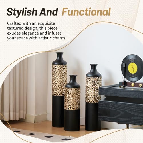 Floor Vases, Tall Home Decor Metal Vase Set of 3 Large Glazed Decorative Vases for Wedding Decor, Elegant Modern Flower Holder for Living Room, Entryway, Hallway - color: Leaf Cluster Black Gold