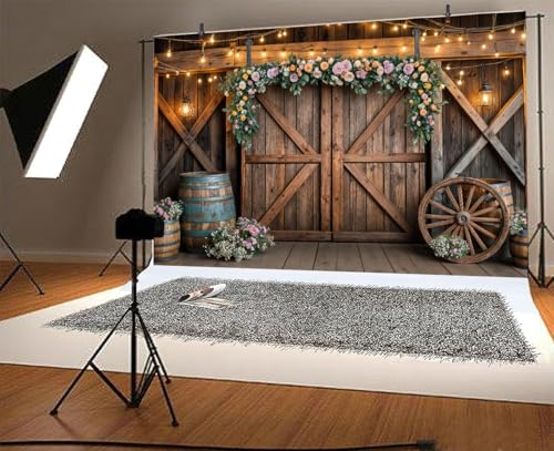 10x10ft Country Wedding Photography Backdrop Rustic Barn Door Photography Backdrop Farmhouse Pink Flower Cabin Wooden Birthday Baby Shower Wedding Bridal Party Banner Photo Booth Props Background - color: Multi1, size: 10X10FT
