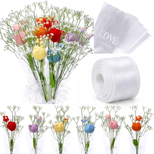 Suncalla 6 Bundle Mother's Day Crochet Flower Bouquet Handmade Crochet Rose Artificial Babys Breath Puff Flowers Bouquet Gift for Woman, Graduation Supplies(Multicolor,Tulip) - color: Multi Color, style: Tulip