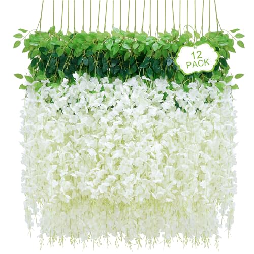 12Pcs Artificial Wisteria Hanging Flowers, 3.6Ft/Pcs White Fake Wisteria Garland for Wedding Party Home Garden Indoor Outdoor Decoration - color: White, size: 12Pcs