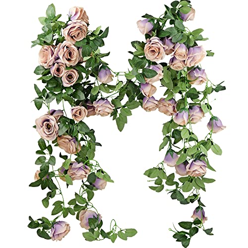 FiveSeasonStuff Smoky Purple Rose Silk Flower Garland Artificial Flowers Decoration Hanging Floral Décor for Wedding Baby Shower Birthday Party Garden 29 Ft 4 Pack - color: Smoky Purple