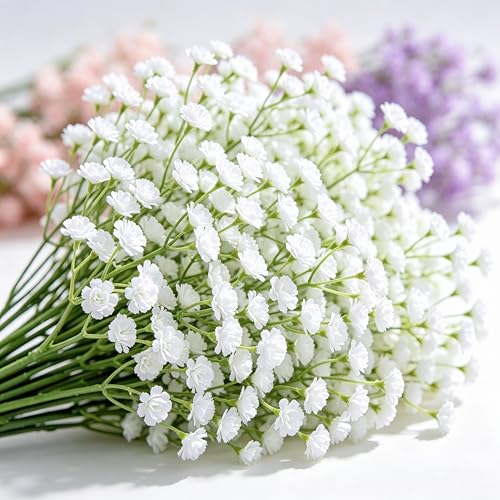 100Pcs Baby's Breath Artificial Flowers, White Real Touch Gypsophila Fake Flowers Bulk for Wedding Bouquet, Home Table Centerpieces, Bridal Shower, Party Garden Decor