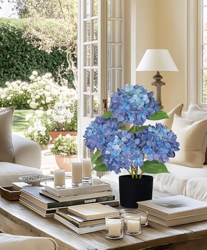 Hollyone Navy Blue Hydrangea Artificial Flowers in Pots 19.7" Four-Head Faux Silk Hydranges Flower Arrangements for Indoor Home Office Kitchen Table Centerpieces Wedding Decorations - color: Blue, size: 4 Head Hydrangea