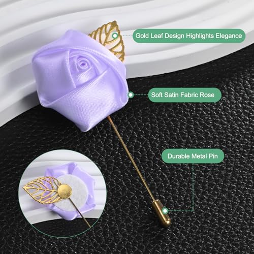 M METERXITY 48-Pack Flower Lapel Pins for Men, Golden Leaf Rose Boutonnieres Pin Groom Boutonnieres for Wedding/Dance/Party, Men Lapel Pins for Suits Satin Flower Corsage [Light Purple] - color: Light Purple