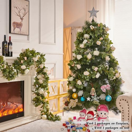 PONKING Flower Garland Artificial Rose Vine Flowers Hanging Fake Roses Vines for Wedding Birthday Party Valentines Christmas Room Wall Arch Decor, 2 White & 1 Light Pink Floral Garland Decorations - color: Huge Flower White Vines 5.4ft