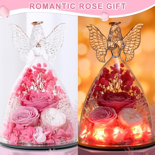 Mothers Day Rose Gifts for Women Preserved Real Flower in Glass Angel Figurines Roses for Delivery Prime Birthday Gifts for Mom Grandma Girlfriend Wife Her,Pink Austin Roses - color: Pink With Austin Roses