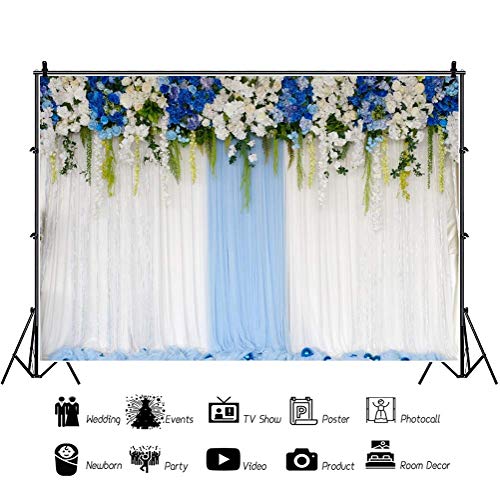 AOFOTO 12x10ft Blue White Flowers Curtain Wedding Backdrop Romantic Floral Wall Drapes Bride Groom Ladies Girls Photoshoot Background for Wedding Reception Ceremoney Birthday Cake Table Decor Banner - size: 12x10ft