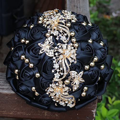 WIFELAI-A Gold Rhinestone Brooch Wedding Flowers Bridal Bouquets Crystal Bride Holding Bouquet White Ivory Satin Roses with Diamond - color: Black