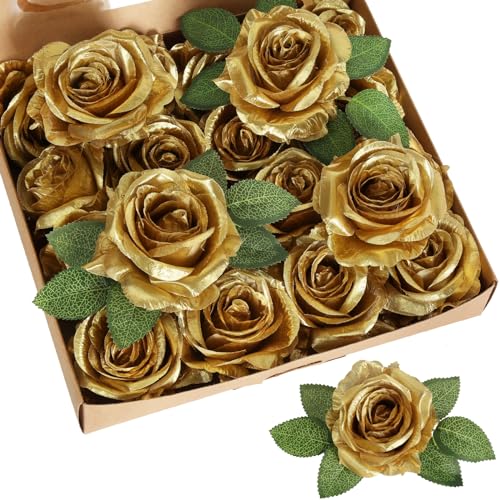 20pcs Gold Roses Artificial Flowers Fake Roses Real Looking Silk Flowers Bulk Big Faux Flowers with Stems for Wedding Centerpieces Table Home Party Decoration Bridal Floral Arrangement (Gold) - color: Gold