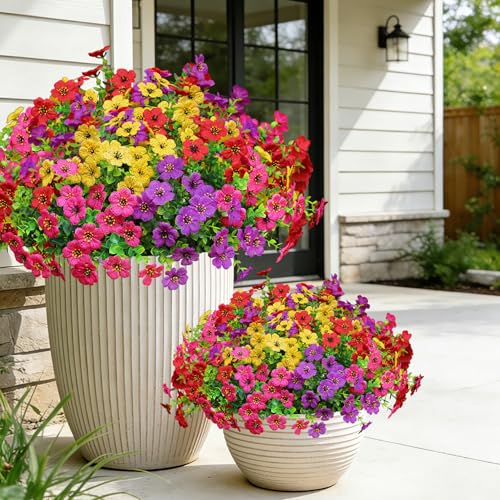 Artificial Flowers for Outdoors, Fake Faux Plants Outside Realistic Spring Summer Decor, UV Resistant Silk Flowers for Home Porch Garden (12, Purple Red Yellow Hot Pink) - color: Purple Red Yellow Hot Pink