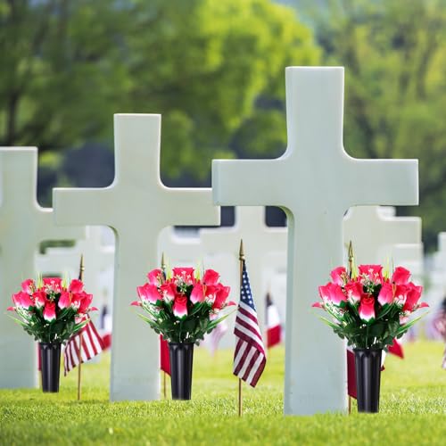 Tigeen 6 Sets Father's Day Cemetery Flowers with Grave Vase 12 Bunches Artificial Rose Memorial Bouquet 84 Heads Fake Silk Flower for Dad Gravesite Graveside Decor(Pink) - color: Pink
