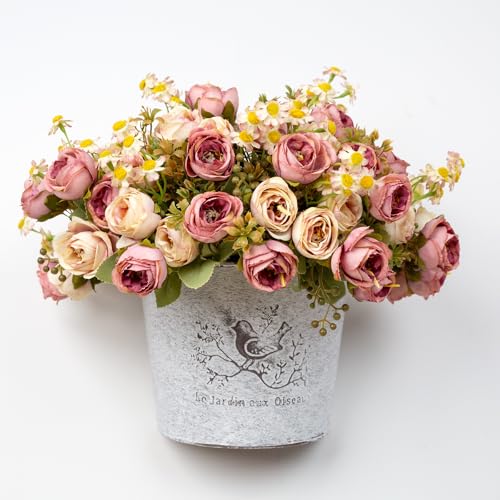 5 Pcs Fake Flowers in Vase Artificial Flower Arrangement Faux Peony Flowers for Wall Decoration Party Home Centerpiece Decor (Mixed Pink) - color: Mixed Pink