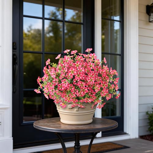 2 Set of Artificial Morning Glory & Eucalyptus Topiary Trees - Faux Silk Flower Potted Plants, UV-Resistant Fake Outdoor Morning Glory Bushes for Front Door, Yard, Farmhouse, Garden Decor (Rose Red) - color: Rose Red