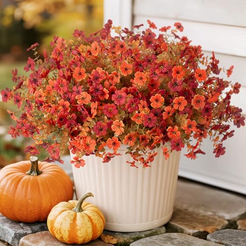 12 Bundles Fake Mums Fall Flowers Artificial for Outdoors Decoration Artificial Mums Faux Plants Daisy for Outdoor Outside Planters UV Resistant Violets for Fall Decor Home Porch Door Front Patio Yard - color: Z1-orange, Autumn Red