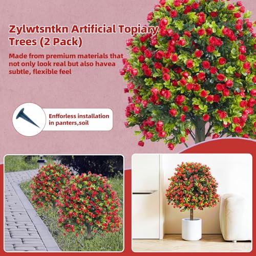 Artificial Red Rose Topiary Ball Tree with Ground Spike, 2 Set of UV Resistant Fake Boxwood Bushes, Fake Evergreen Faux Plant for Indoor Outdoor Porch Garden UV Resistant Fade Proof - color: Rose, size: with Ground Spike