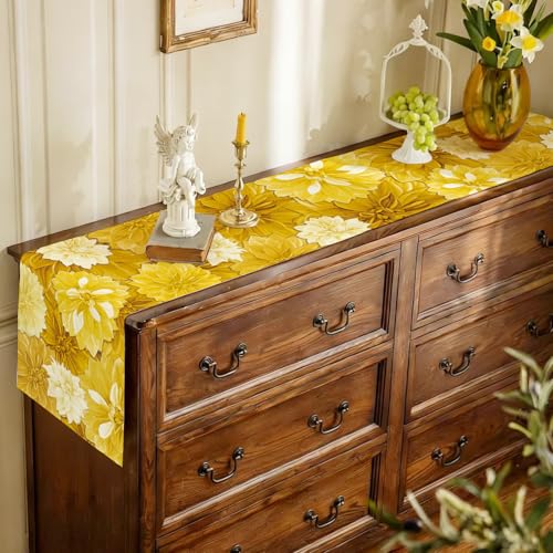 Yellow Dahlia Flower Summer Table Runner Yellow Gray Burlap Table Runners, Spring Elegant Floral Seasonal Coffee Table Center Decor for Home Kitchen Dining Party Indoor Outdoor 13x36 Inch - color: Yellow, size: 13" x 36", Table Runner
