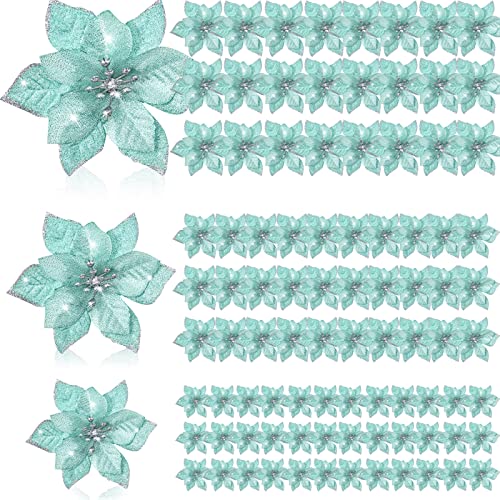 Geosar 100 Pcs 3 Size Christmas Poinsettia Flowers with Clips Glitter Artificial Flowers Small Christmas Tree Ornaments Faux for Xmas Party DIY Craft Wreath Garland New Year, 3/4/6 Inches(Mint Green) - color: Mint Green