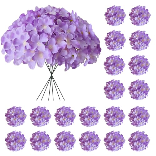 Hydrangea Artificial Flowers, 20 Pcs Purple Hydrangea Artificial Flowers Bulk, Faux Hydrangea Flowers for Outdoor, Fake Silk Hydrangea Flowers with Stems for Wedding Decoration Decor - color: Purple, size: 20 Pcs