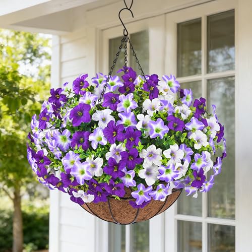 Realistic Artificial Hanging Flowers for Outdoors with Basket, 1 Set Large Size UV Resistant Artificial Outdoor Flowers, Full Faux Outdoor Flowers Fake Hanging Flowers for Porch, Front Door, Garden - color: Three Colored Purple, size: 1 Set