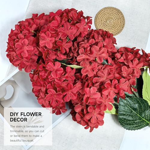 6 PCS Artificial Hydrangea Flowers, Faux Silk Hydrangea with Long Stems, Home Wedding Decor, Table Centerpieces, Party Decorations (Brilliant Red) - color: Brilliant Red
