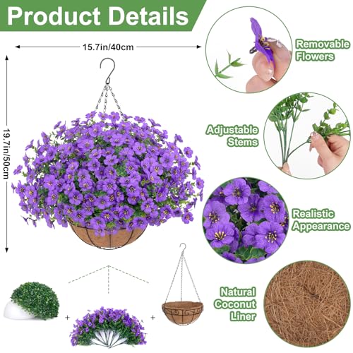 Bassion Artificial Hanging Flowers for Outdoors, UV Resistant Silk Flowers Basket Purple Faux Daisy with Eucalyptus Leaves Hanging Fake Plants for Porch Balcony Patio Home Spring Summer Decoration - color: Purple