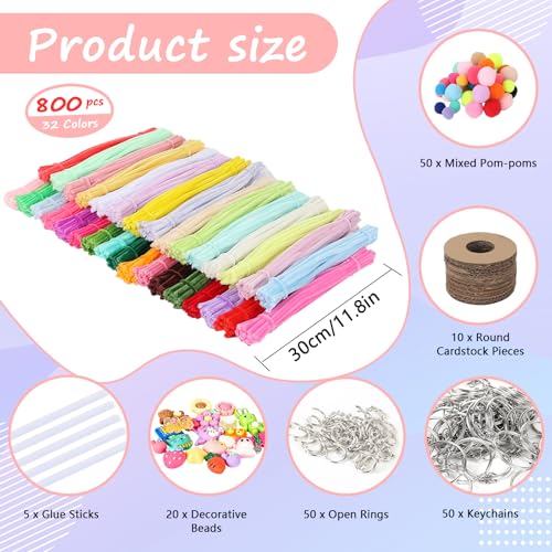 800Pcs Pipe Cleaners Craft, 32 Colors Pipe Cleaner Bulk, Thick Fluffy Chenille Stems, Crafting Supplies with Decorative Beads, Keychain, Round Cardstock & Assorted Pom Poms, DIY Projects for Gift - color: 800 Pcs 32 Colors-Donuts