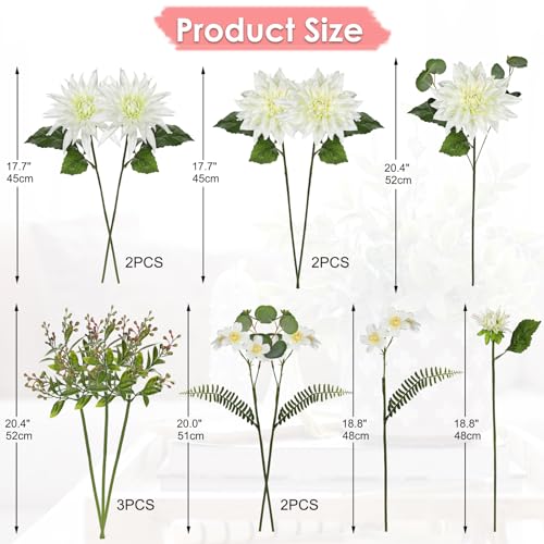 GnFlus Dahlia Artificial Flowers, 12PCS Mixed White Faux Flowers with Dahlia & Daisies, Up to 20.4 Inch Long Silk Fake Flowers for Vase DIY Wedding Bouquet Party Centerpieces Arrangement Home Decor - color: Dahlia, White