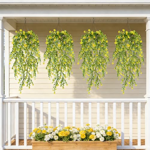 6PCs Artificial Eucalyptus Flowers for Outdoors Yellow Faux Hanging Vines Plants UV Resistant Fake Ferm Plants for Outdoors Home Porch Patio Garden Front Porch Summer Decor(Yellow) - color: Yellow