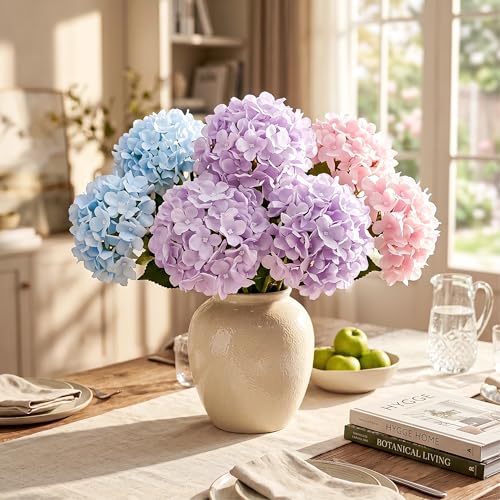 Auihiay 10Pcs Artificial Hydrangea Flowers, Realistic Faux Silk Hydrangea with Stems, Fake Flowers for Wedding Centerpieces Baby Shower Bridal Bouquet Home Farther's Day Decor Table Decorations - color: Mixed Color