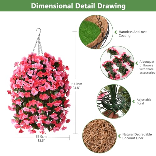 INQCMY Artificial Hanging Flowers Basket for Outdoors Spring Summer Decoration,Faux Silk Begonia in Planter Look Real UV Resistant for Outside Home Porch Patio Garden Balcony Yard Decor（Deep Pink） - color: Deep Pink