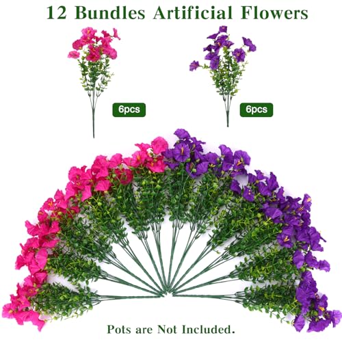CEWOR Artificial Flowers for Outdoor Indoor, Fake Silk Morning Glory with Eucalyptus Leaves, Faux Flower for Garden Front Door Porch Planter Patio Home Decor (12 Bundles, Purple Fuchsia) - color: Purple Morning Glory
