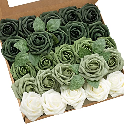 Ling's moment Artificial Flowers, 25Pcs 3" Roses in Emerald Green Shades, Realistic DIY Foam Floral Fill for Wedding Bouquets/Centerpieces, Outdoor Party Backdrops, Room/Table, Garden/Pot Decorations - color: Shades of Forest, size: 25Pcs