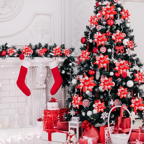 36 Pcs Christmas Glitter Artificial Poinsettia Flowers Xmas Poinsettia Artificial Wedding Flowers Decorations Xmas Tree Ornaments with Clips for Party, 6 Inch, 4 Inch, 3 Inch(Red and Silver) - color: Red and Silver