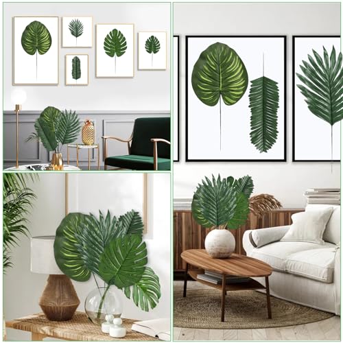 60 Pieces 4 Kinds Artificial Palm Leaves with Faux Stems Tropical Plant Leaves Monstera Leaves Safari Leaves for Hawaiian Luau Party Jungle Beach Table Leave Decorations