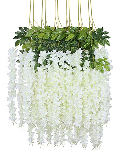 Duovlo 12 Piece Artificial Silk Wisteria Vine 3.6 Feet Ratta Hanging Flower Garland String Home Party Wedding Decor (White) - color: White