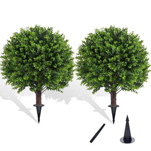 Chillchard Artificial Boxwood Topiary Outdoor Plants with Spike, 2 Pack Faux Bushes UV Resistant Fake Shrubs for Front Porch Décor - color: Boxwood - 2pack - a