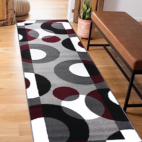 Rugshop Burgundy Hallway Runner Rug, Modern Circles, Non-Shedding, Durable for Hallway, Entryway and Kitchen, 2' x 10' - size: 2' x 10' (Rectangular)