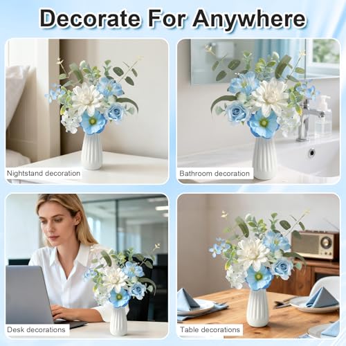 Small 11.8" Artificial Flowers in Ceramic Vase - Blue Silk Flower Centerpiece for Dining Table, Office, Wedding & Farmhouse, Home Decor Gifts - color: Blue