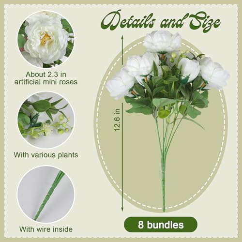 8 Bundles Artificial Peonies Silk Flowers White Faux Peony Bouquet Florals Arrangements Decor for Farmhouse Home Boho Bridal Wedding Table Centerpiece Decoration (White) - color: White