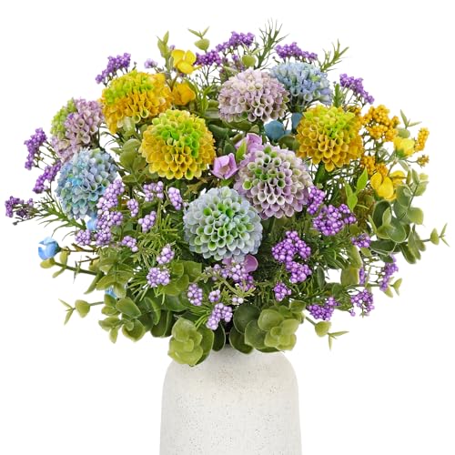 UV Resistant Artificial Flowers for Outdoors & Indoors 3 Bouquets, 12.9" Faux Mums Chrysanthemum Plastic Flowers for Decoration, Fake Floral Arrangements for Home, Planter, Patio, Porch, Garden Decor - color: Yello & Blue & Purple