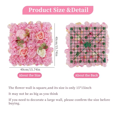 3D Flower Wall Backdrop - 12Pcs 15×15 Inch Artificial Rose Panels Pink Silk Floral Decor for Home Party Wedding Anniversary Birthday Photographic Studio Background & Decorative Fences - color: Pink, size: 12PCS-15x15