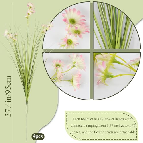4 Pcs Artificial Plants Onion Grass Outdoor 37" Fake Tall Grass with Daisy Wildflowers Pink Artificial Wheat Grass Faux Shrubs Bush Greenery Stems for Indoor Garden Outside Office Home Decor - color: 4 Pcs-pink Flowers