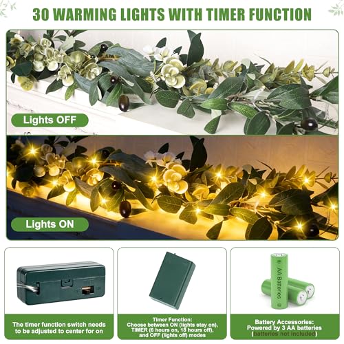 Artgar Olive Garland with Lights - 6 Ft Eucalyptus Garland with Timer 30 Fairy Lights, Artificial Greenery Olive Leaf Vine Garlands for Indoor Outdoor Wedding Arch Backdrop Table Spring/Summer Decor - color: Olive Garland